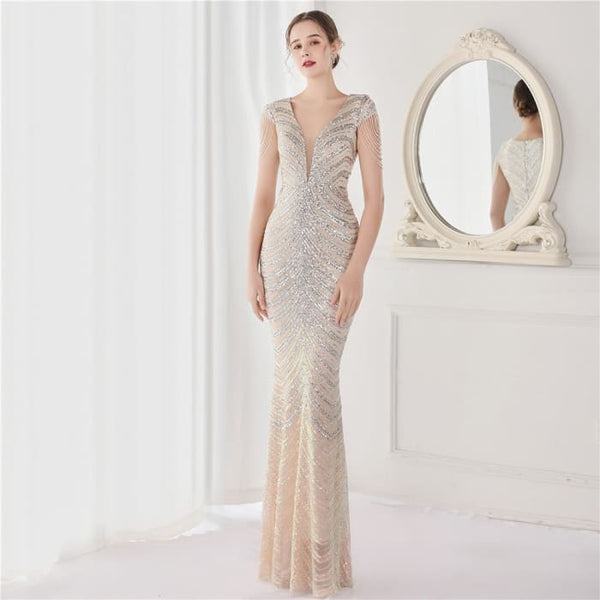 Sequin Beading V Neck Women Evening Dress - Silver / EU 36 /