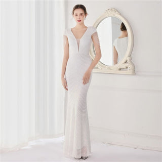 Sequin Beading V Neck Women Evening Dress - White / EU 46 /