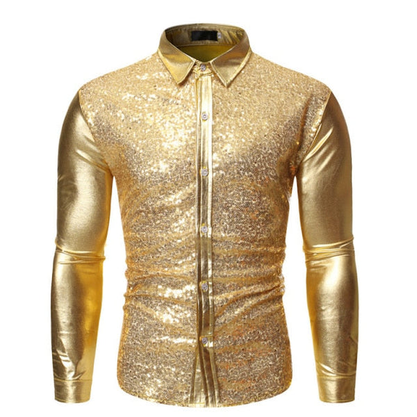 Shiny Sequin Glitter Plaid Tuxedo Men Blazer - Gold Shirt / 