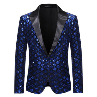 Shiny Sequin Glitter Plaid Tuxedo Men Blazer - Royal Blue 