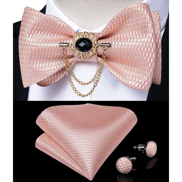 Silk Jacquard Woven Bowtie Hanky Brooch Pin Set - Bow Tie On