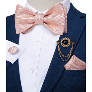 Silk Jacquard Woven Bowtie Hanky Brooch Pin Set - Bow Tie On