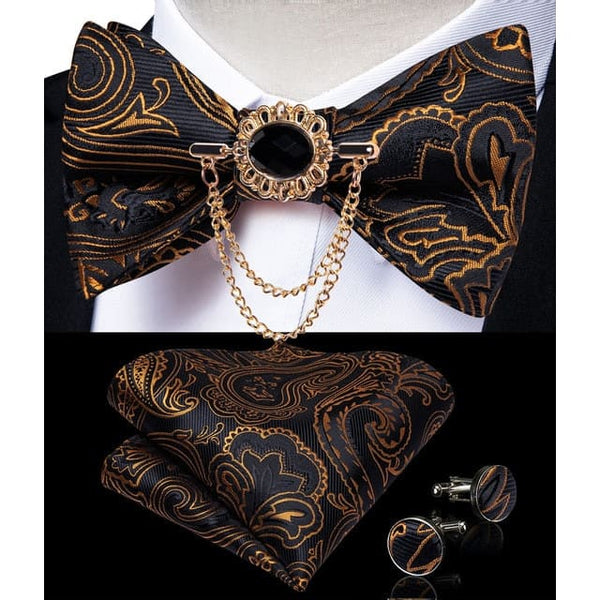 Silk Jacquard Woven Bowtie Hanky Brooch Pin Set - 