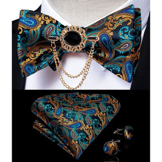 Silk Jacquard Woven Bowtie Hanky Brooch Pin Set - 