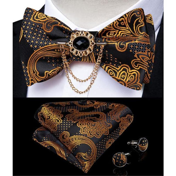 Silk Jacquard Woven Bowtie Hanky Brooch Pin Set - 