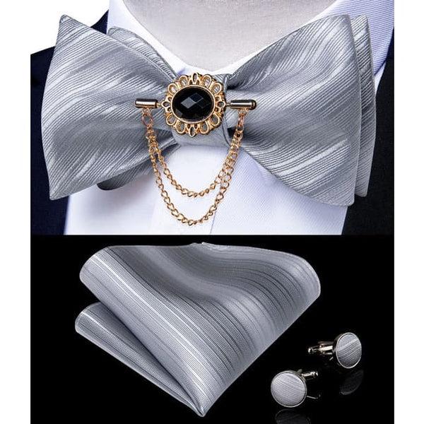 Silk Jacquard Woven Bowtie Hanky Brooch Pin Set - 