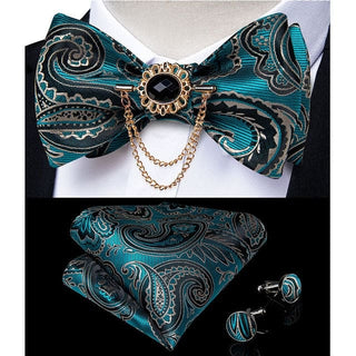 Silk Jacquard Woven Bowtie Hanky Brooch Pin Set - 