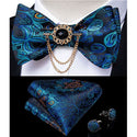 Silk Jacquard Woven Bowtie Hanky Brooch Pin Set - 