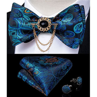 Silk Jacquard Woven Bowtie Hanky Brooch Pin Set - 