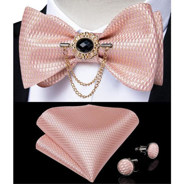 Silk Jacquard Woven Bowtie Hanky Brooch Pin Set - 