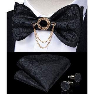 Silk Jacquard Woven Bowtie Hanky Brooch Pin Set - 