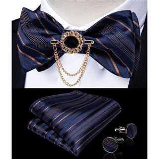 Silk Jacquard Woven Bowtie Hanky Brooch Pin Set - 