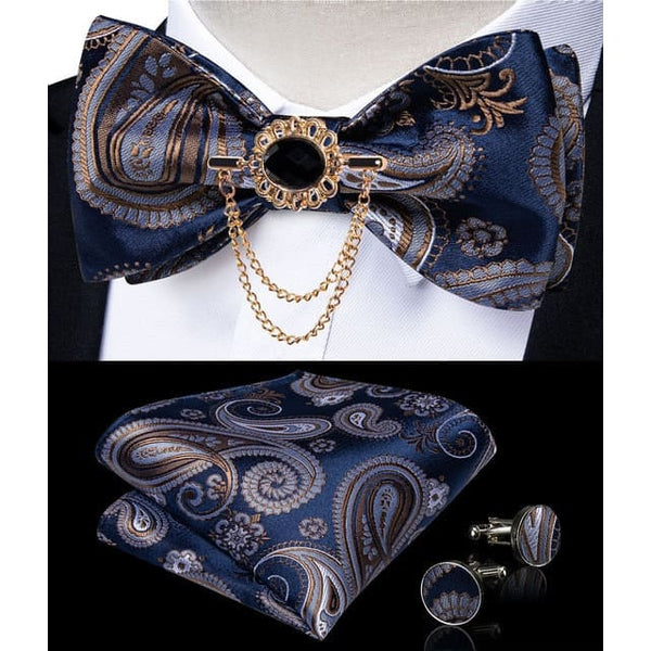 Silk Jacquard Woven Bowtie Hanky Brooch Pin Set - 