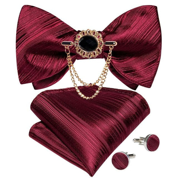 Silk Jacquard Woven Bowtie Hanky Brooch Pin Set - 