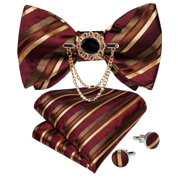 Silk Jacquard Woven Bowtie Hanky Brooch Pin Set - 