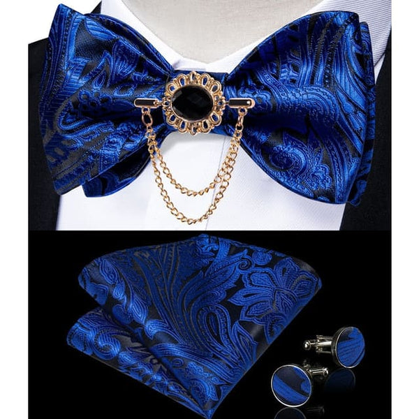 Silk Jacquard Woven Bowtie Hanky Brooch Pin Set - 