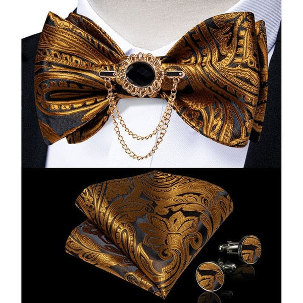 Silk Jacquard Woven Bowtie Hanky Brooch Pin Set - 