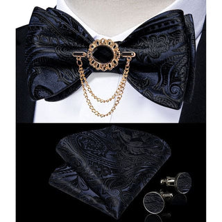 Silk Jacquard Woven Bowtie Hanky Brooch Pin Set - 