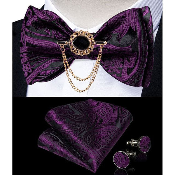 Silk Jacquard Woven Bowtie Hanky Brooch Pin Set - 