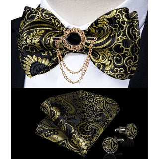 Silk Jacquard Woven Bowtie Hanky Brooch Pin Set - 