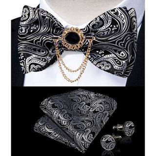 Silk Jacquard Woven Bowtie Hanky Brooch Pin Set - 