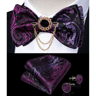 Silk Jacquard Woven Bowtie Hanky Brooch Pin Set - 