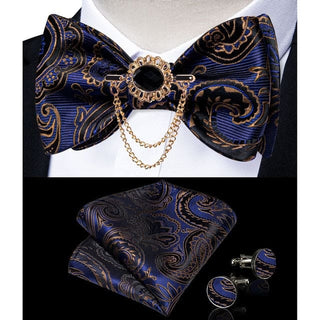 Silk Jacquard Woven Bowtie Hanky Brooch Pin Set - 