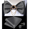 Silk Jacquard Woven Bowtie Hanky Brooch Pin Set - 