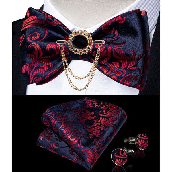 Silk Jacquard Woven Bowtie Hanky Brooch Pin Set - 