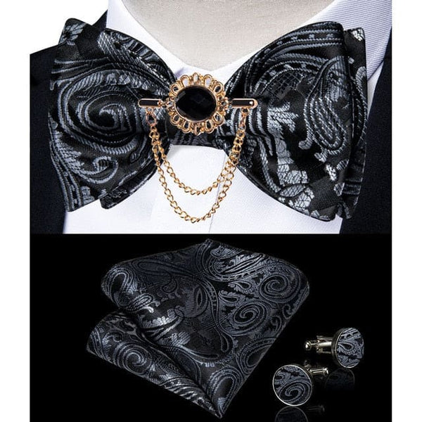 Silk Jacquard Woven Bowtie Hanky Brooch Pin Set - 