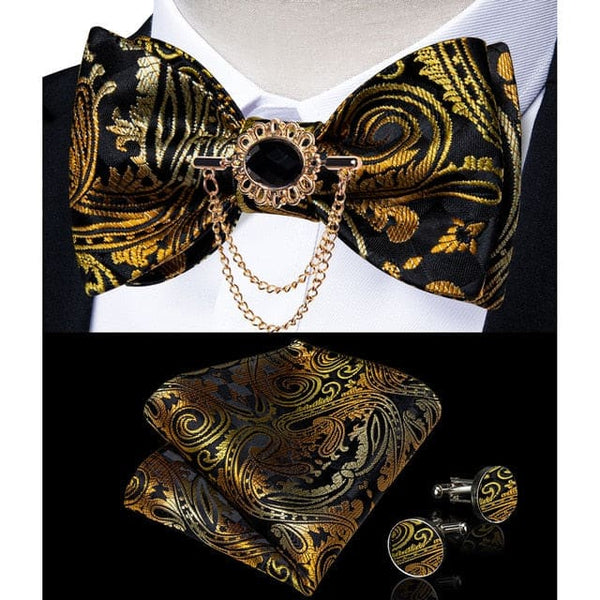 Silk Jacquard Woven Bowtie Hanky Brooch Pin Set - 