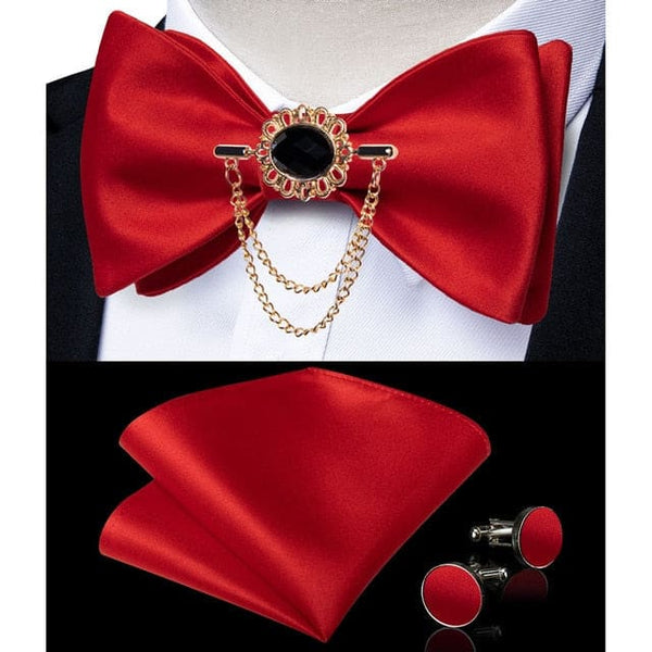 Silk Jacquard Woven Bowtie Hanky Brooch Pin Set - 