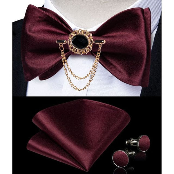 Silk Jacquard Woven Bowtie Hanky Brooch Pin Set - 