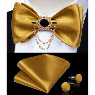 Silk Jacquard Woven Bowtie Hanky Brooch Pin Set - 