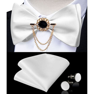 Silk Jacquard Woven Bowtie Hanky Brooch Pin Set - 