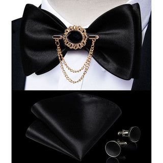 Silk Jacquard Woven Bowtie Hanky Brooch Pin Set - 