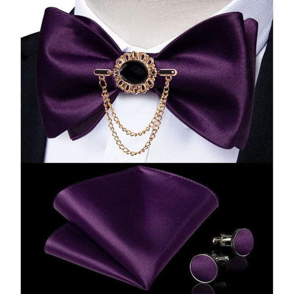 Silk Jacquard Woven Bowtie Hanky Brooch Pin Set - 