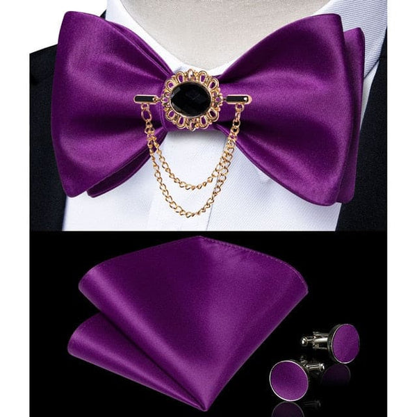 Silk Jacquard Woven Bowtie Hanky Brooch Pin Set - 