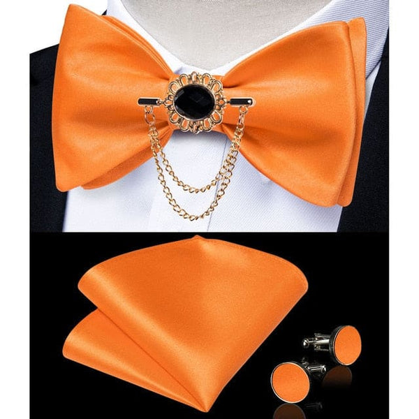 Silk Jacquard Woven Bowtie Hanky Brooch Pin Set - 