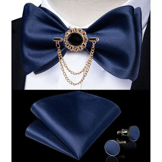 Silk Jacquard Woven Bowtie Hanky Brooch Pin Set - 