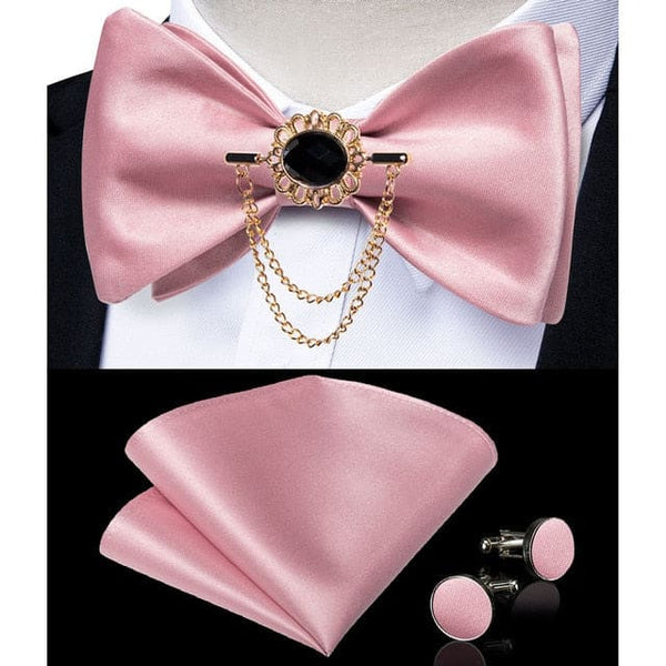 Silk Jacquard Woven Bowtie Hanky Brooch Pin Set - 