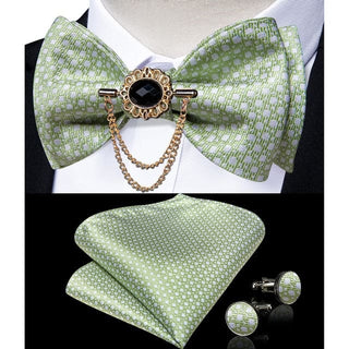 Silk Jacquard Woven Bowtie Hanky Brooch Pin Set - 