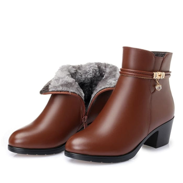 Soft Leather Warm Fur High Heels Zipper Winter Boots - Women