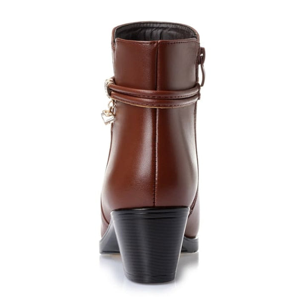 Soft Leather Warm Fur High Heels Zipper Winter Boots - Women