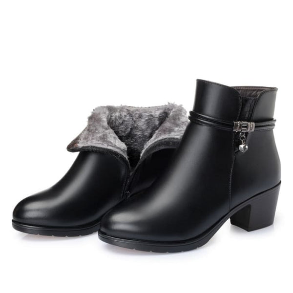 Soft Leather Warm Fur High Heels Zipper Winter Boots - Women