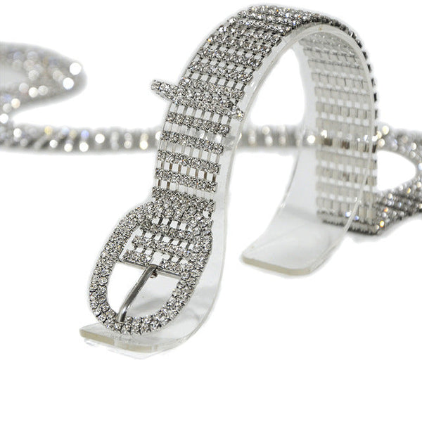 Super Shine Crystal Rhinestone Women Belts - Silver Oval 