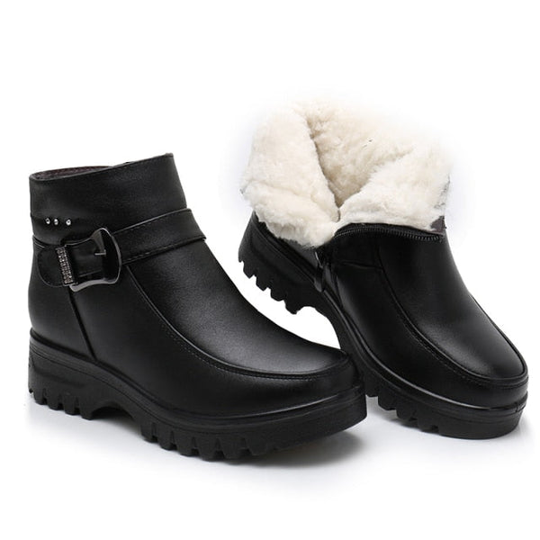 Thick Plush Warm Genuine Leather Women Ankle Boot - Black / 