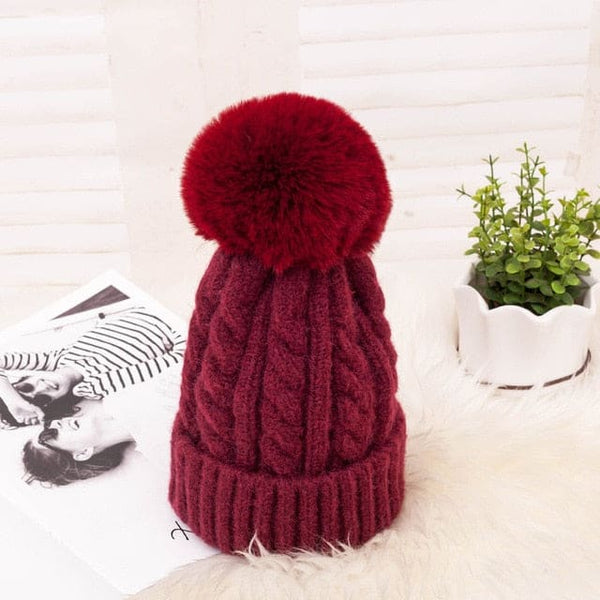 Thick Warm Wool Winter Knitted Women Hat - Wine Red - On 