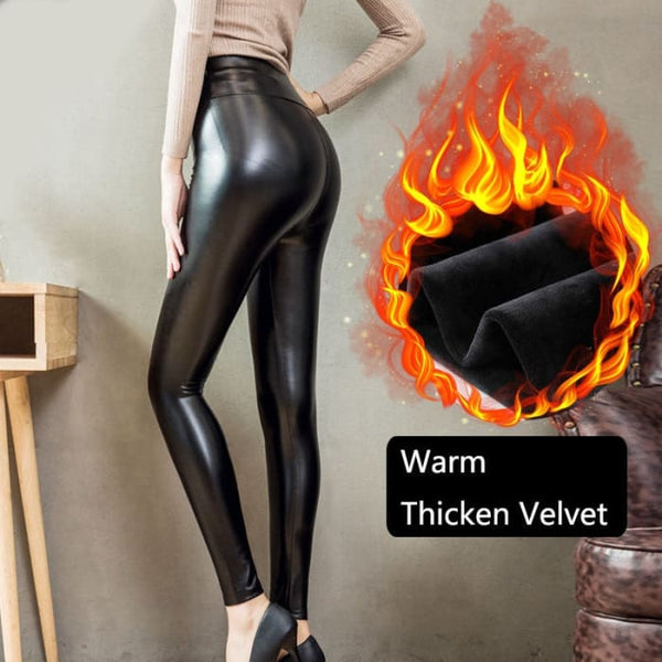 Thickened Warm Velvet Winter PU Leather Women Leggings -