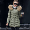 Women Slim Winter Parka Jacket With Fur - Army Green / Asian